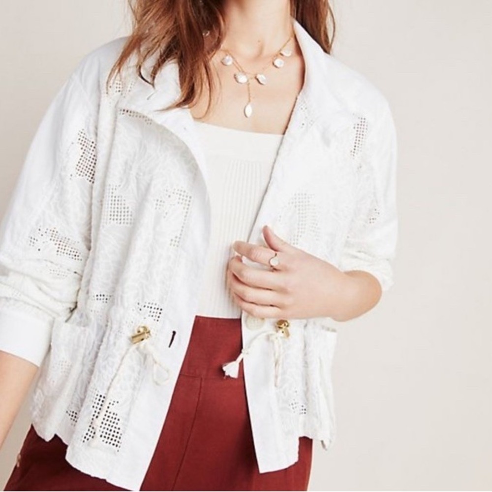 Anthropologie Sz L White Floral Cutout Lace Drawstring Boho Utility Jacket Top